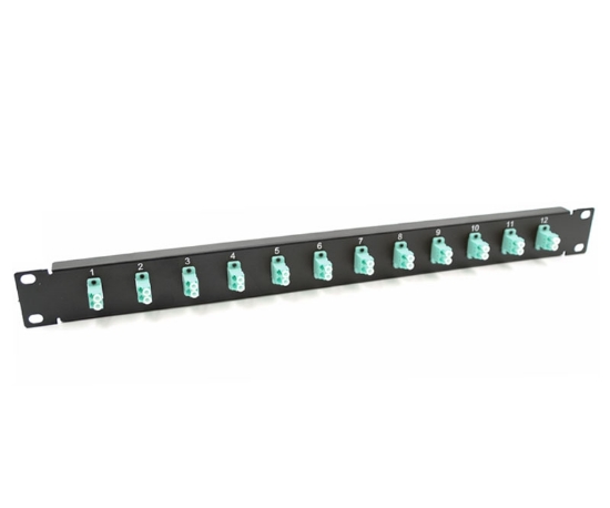 19" 1U Panel with 12 Duplex LC Aqua Adapters