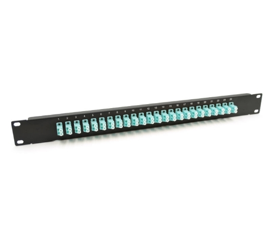 19" 1U Panel with 24 Duplex LC Aqua Adapters