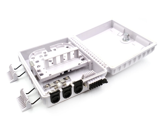 12 Fiber Wall Mount Termination Box -  Splice Tray Included - 15 Ports Total with (x3) 12mm Ports and (x12) 3mm Ports