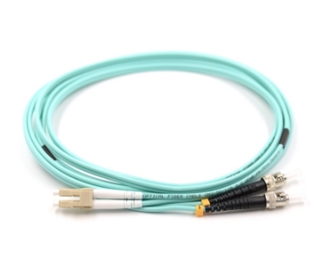 Show details for LC/UPC to ST/UPC Duplex Fiber Optic Patch Cable - 50/125µm Multimode OM3 - 3mm Aqua PVC Rated Jacket LC to ST Duplex OM3 Multimode Fiber Optic Patch Cable