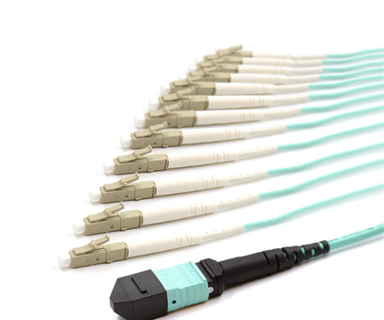 12 Fiber MPO/UPC Low Loss Male to (x12) LC/UPC - 50/125µm Multimode OM3 - Micro Distribution Aqua Plenum Rated - 0.5 Meter Breakout Length using 2mm Tubing