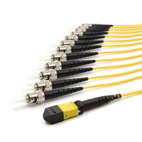 Picture of 12 Fiber MPO/APC Low Loss Female to (x12) ST/UPC - 9/125µm Singlemode OS2 - Micro Distribution Yellow Plenum Rated - 0.5 Meter Breakout Length using 2mm Tubing