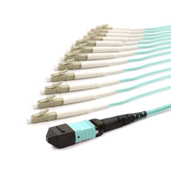 Picture of 24 Fiber MPO/UPC Low Loss Female to (x24) LC/UPC - 50/125µm Multimode OM3 - Micro Distribution Aqua Plenum Rated - 0.5 Meter Breakout Length using 2mm Tubing