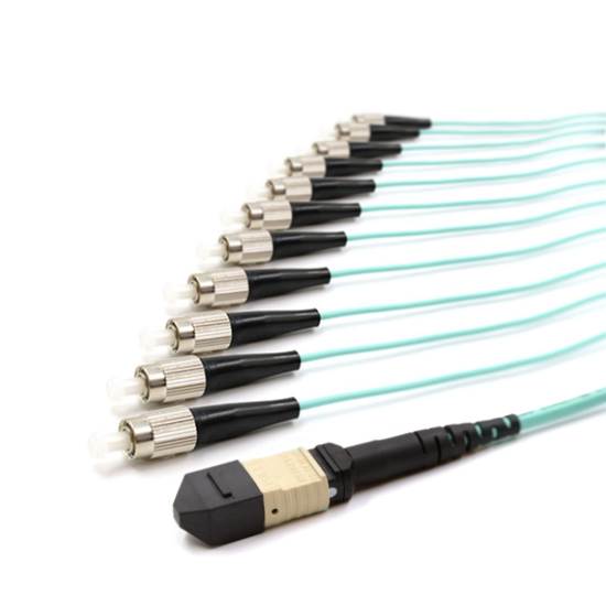 Picture of 12 Fiber MPO/UPC Standard Female to (x12) FC/UPC - 50/125µm Multimode OM3 - Micro Distribution Aqua Plenum Rated - 0.5 Meter Breakout Length using 2mm Tubing