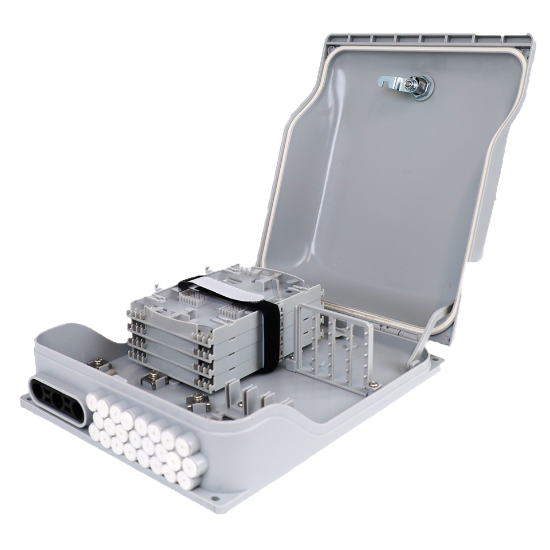 Picture of 96 Fiber Wall Mount Termination Box - 4 Splice Trays Included - 27 Ports at 20mm (x3) at 3mm (x24) 